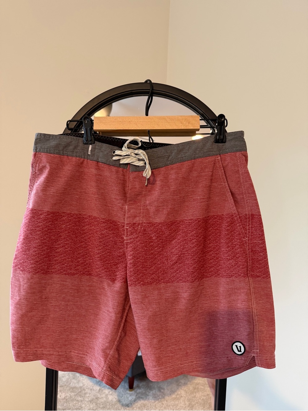 Vuori Men's Red Striped Drawstring Board Shorts